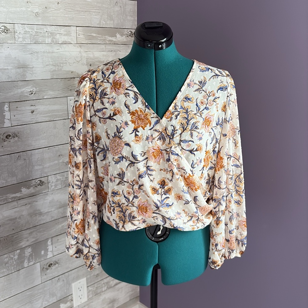 Joie Floral Wrap Blouse in Cream with Gold and Blue Print
